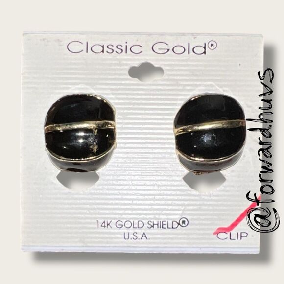 Vintage Classic Gold 14K Gold Shield Clip Earrings – Black & Gold - Picture 1 of 7
